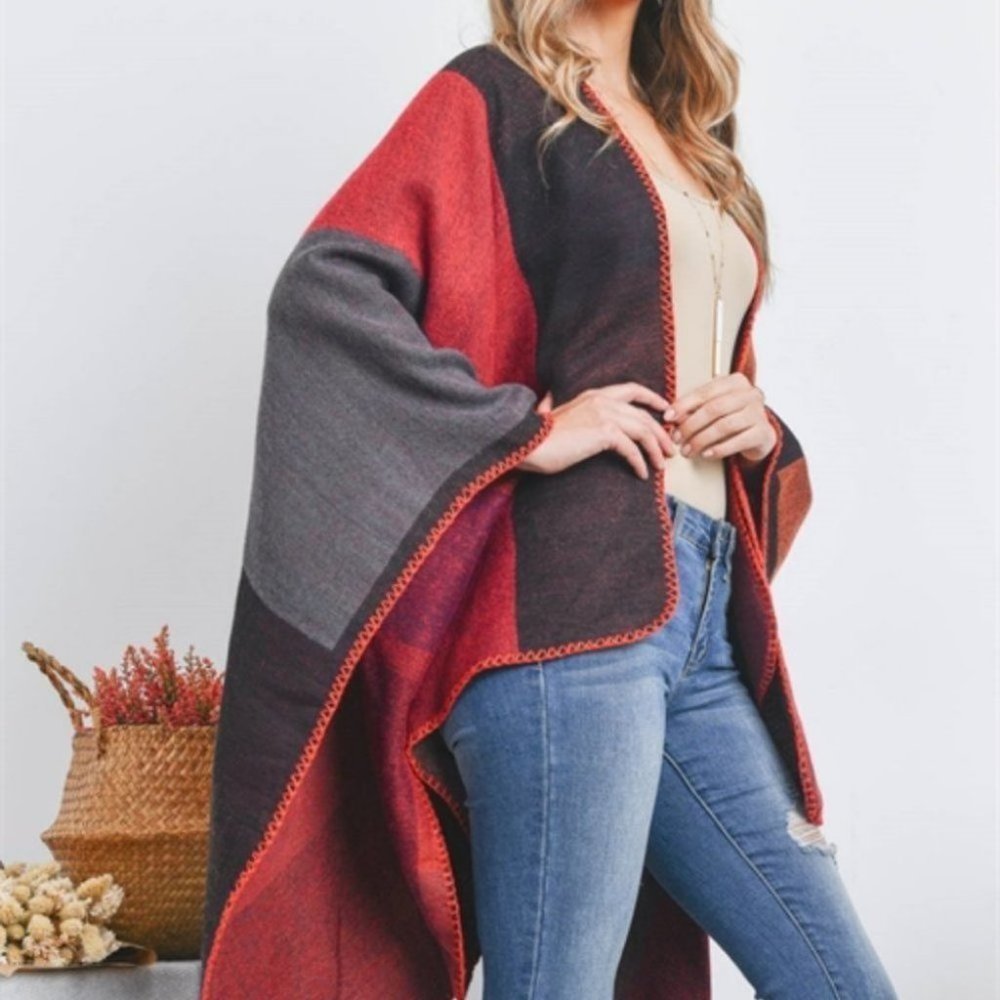 OPEN FRONT GEOMETRIC RECTANGLE PRINT WRAP KIMONO SHAWL - Picture 5 of 5